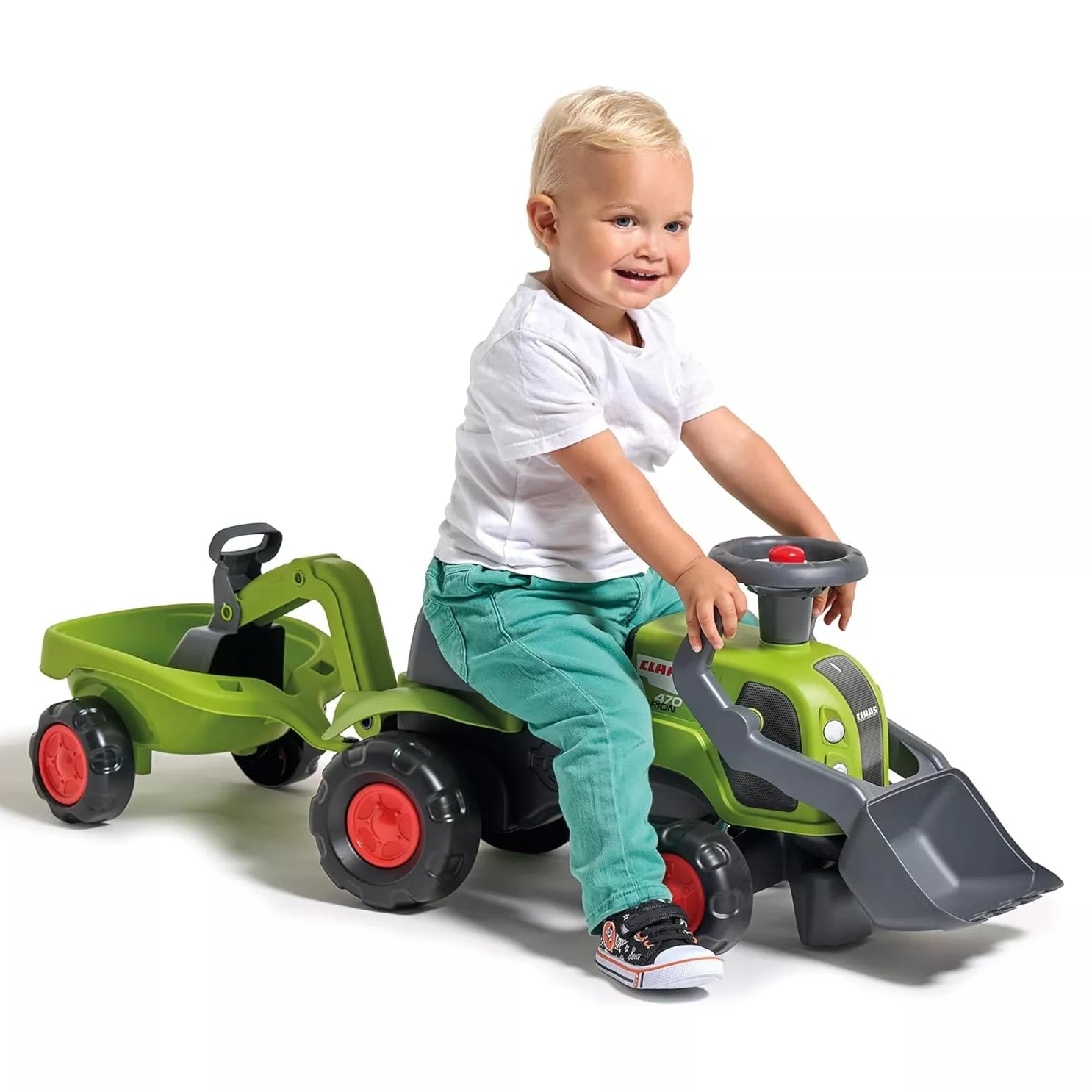 FALK vaikiškas važinėjamas traktorius „Claas“ su ekskavatoriumi, kaušu ir priekaba.